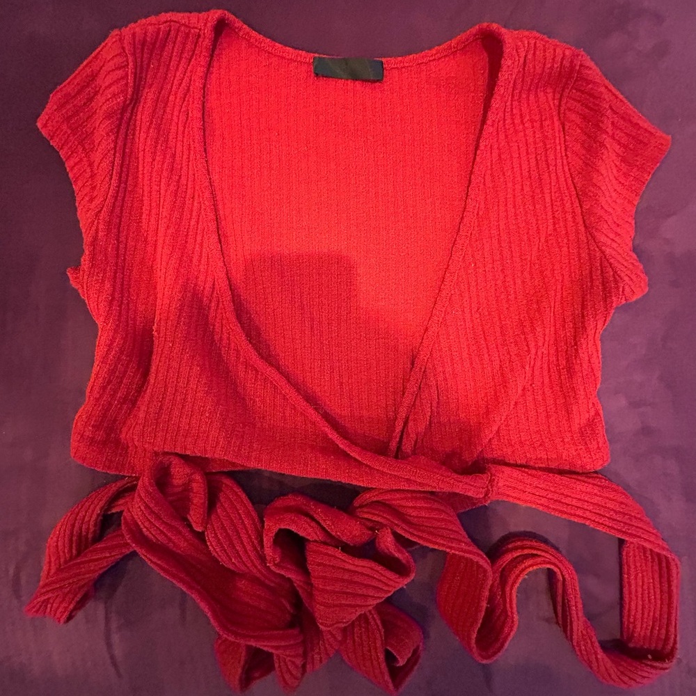 Red Ribbed Wrap Top - Picture 2 of 3